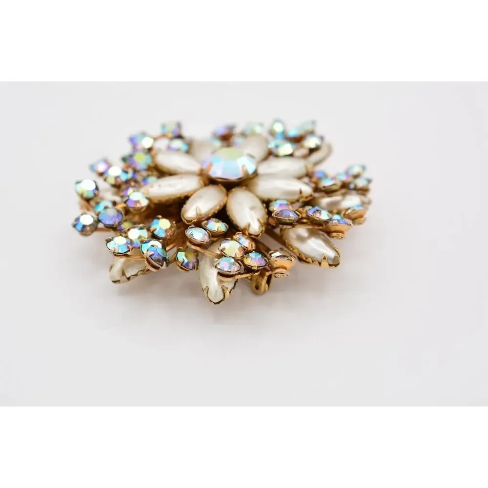 Vintage Crystal Flower Pin Brooch Aurora Borealis Rhinestone Prong 1980s BinAT